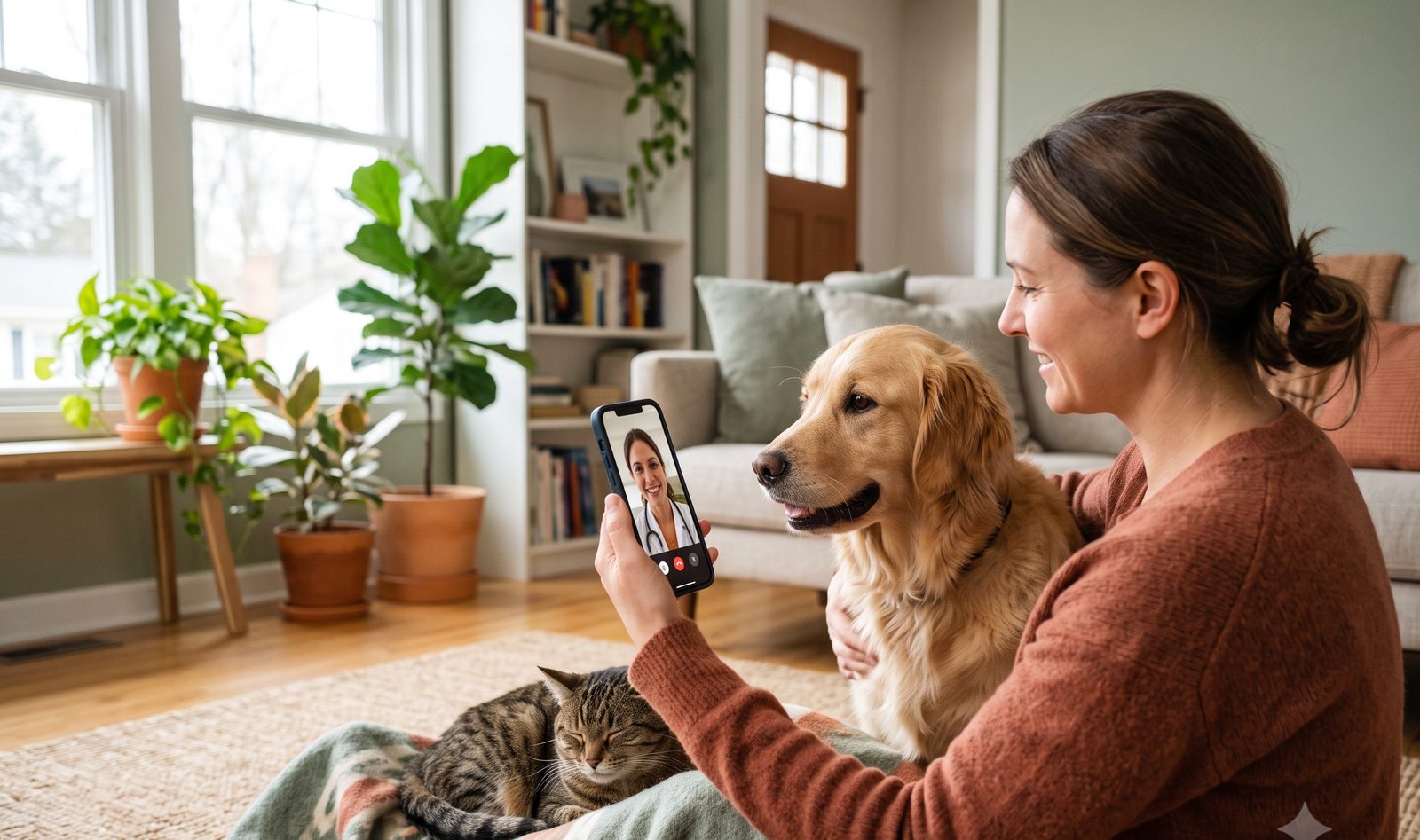 Tierhalterin im Videocall zur Ernährungsberatung, Hund und Katze an ihrer Seite
